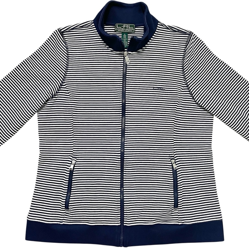 Lauren Active by Ralph Lauren L-RL Navy Blue & White Striped Zip-Up Track Jacket - Picture 6 of 16